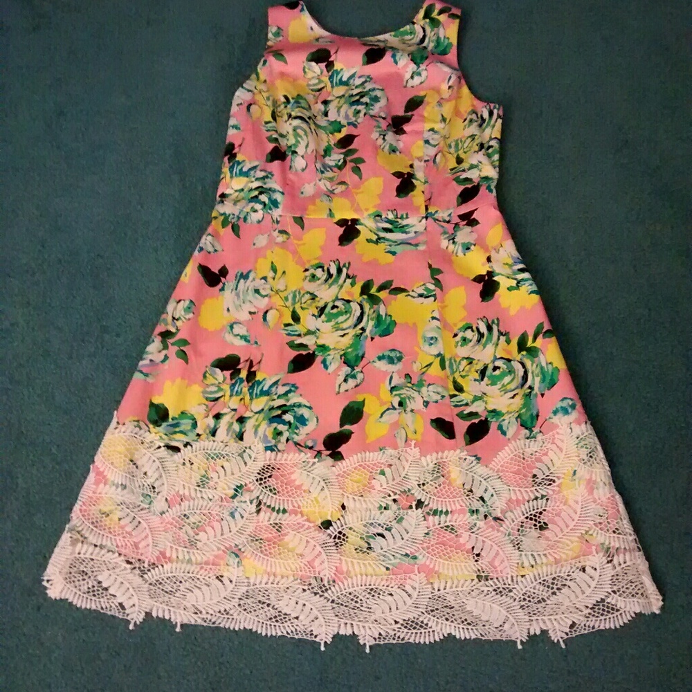 Isaac Mizrahi Live Garden Floral Dress w Lace Trim
